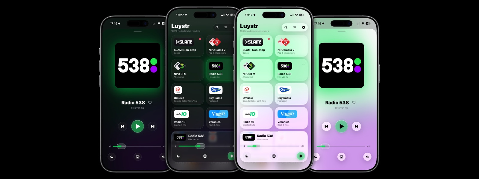 Vier iPhones met de Luystr-app, in donkere en lichte weergave